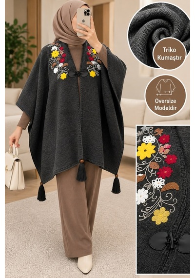 Genel Markalar Novea Scarf Renklı İşlemelı Panço Gri - 938277049 Gri