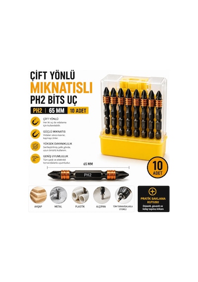 10 Adet Çift Yönlü Mıknatıslı Ph2 Bits Uç 65 Mm Profesyonel Tornavida Ve Matkap Ucu Seti
