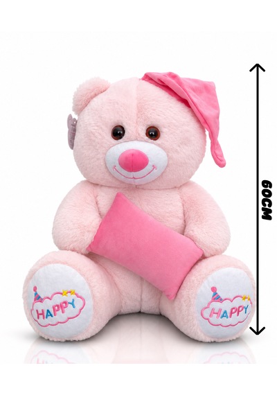 Ayıcık Şapkalı Ve Yastıklı Seri Peluş Ayıcık 60cm - Hediyelik Peluş Oyuncak 046 - Pembe
