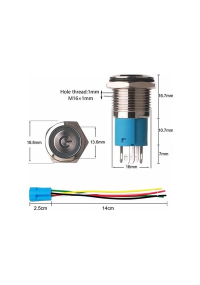 16mm Kırmızı Power Sembol Ledli Kablolu Push Tip Metal Button Panel Montaj Düz Kafa No Nc Dc Dv