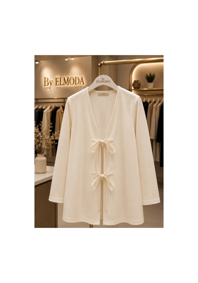Elmoda Kadın Ekru Çift Bağcıklı Kimono Hırka Ekru Ekru
