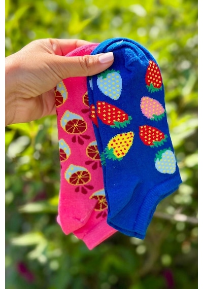 Lousocks Unisex 2'li Çilek Ve Narenciye Desenli Patik Çorap Çok Renkli