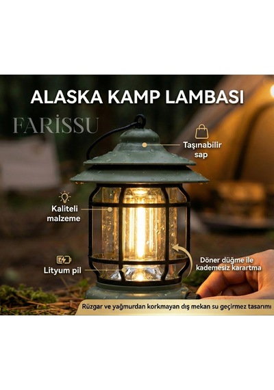 Alaska Retro Şarjlı Kamp Lambası - Ipx4 Su Geçirmez, Dimmer Ayarlı, 1200mah Led Fener Renkli