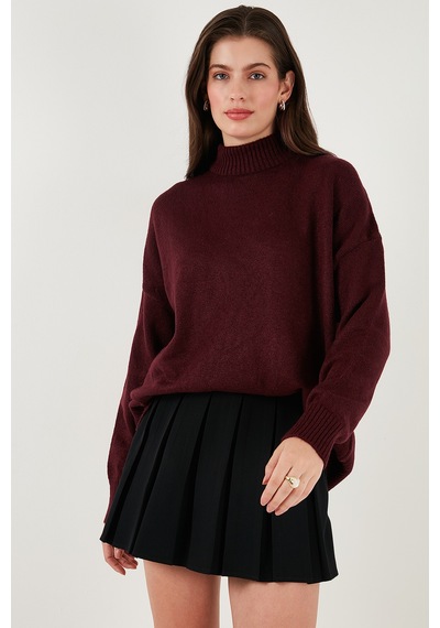 Lela Premium Oversize Fit Balıkçı Yaka Yumuşak Dokulu Triko Bayan Kazak 680Kz00469 Bordo