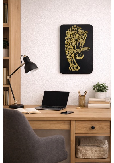 Leopar Figürlü Sim Detaylı Mdf Duvar Tablosu Modern Dekoratif Duvar Dekoru Siyah