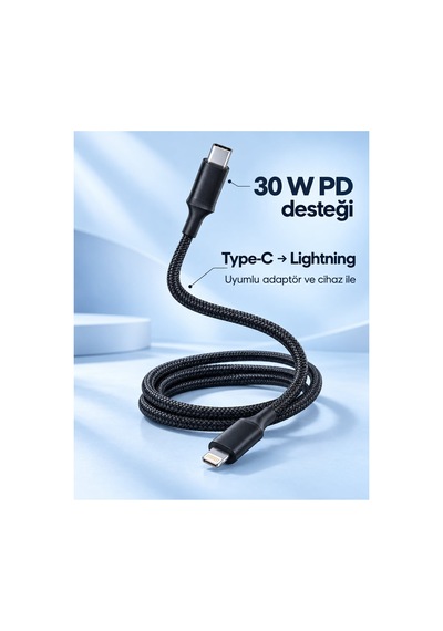 Pd Hızlı Şarj Destekli Led Göstergeli Lightning Kablo Siyah