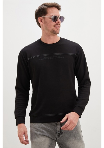 Fullamoda Yazı Baskılı Çimalı Bisiklet Yaka Modal Sweatshirt Siyah