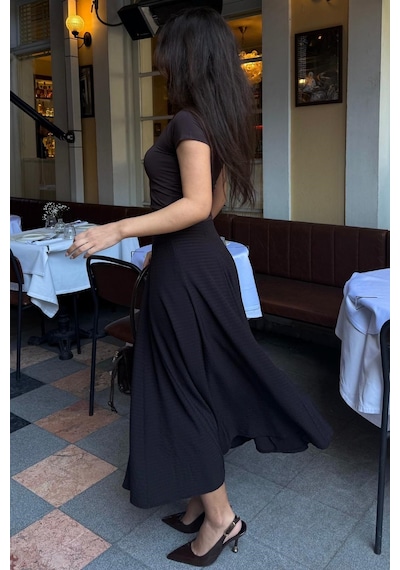 Madmext Kahve/siyah Kare Desenli Midi Kadın Etek Mg2617