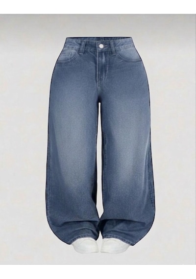 St.poll Eskitme Yıkamalı Unisex Büyük Beden Baggy Jean Pantolon Mavi
