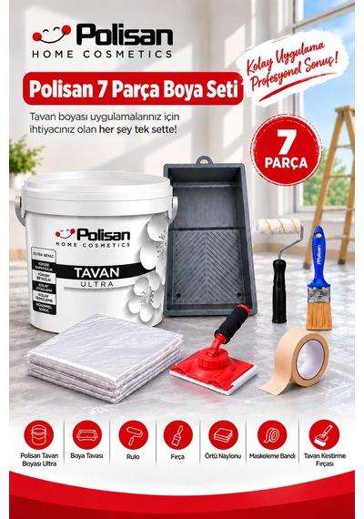 7 Parça Boya Seti - Tavan Boyası, Tavan Kestirme Fırçası, Rulo, Hışır Örtü, Maskeleme Bantı, Kestirme Fırçası, Boya Kabı