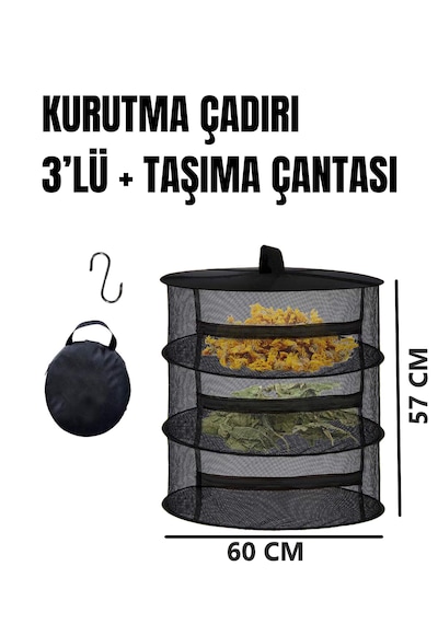 Tineke 3 Katlı Fermuarlı Meyve Sebze Kurutma Filesi Katlanabilir Doğal Kurutma Sepeti Siyah Siyah