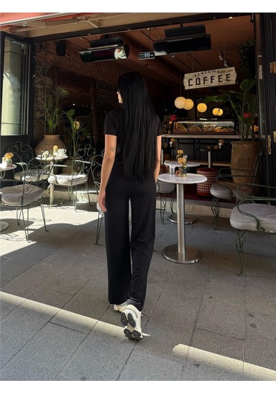 WeShaya Siyah Modal Polyester Palazzo Takım Siyah