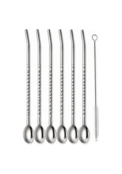 Paslanmaz Çelik Pipet Seti 6'li + Temizleme Fırçası Kaşıklı Metal Pipet, Yeniden Kullanılabilir Çevre Dostu Diğer