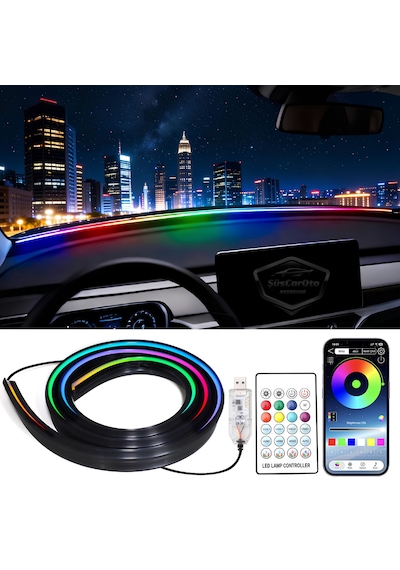 Universal Araç İçi App Ve Kumanda Kontrollü Ön Cam Fitil Ambiyans Rgb Atmosfer Cam Önü Ambiyans Led Neon Lamba Ses Yalıtım Fitili Usb Girişli Montajsız