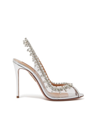 Aquazzura Kristal Taşlı Şeffaf Stiletto Topuklu Sandalet Gümüş