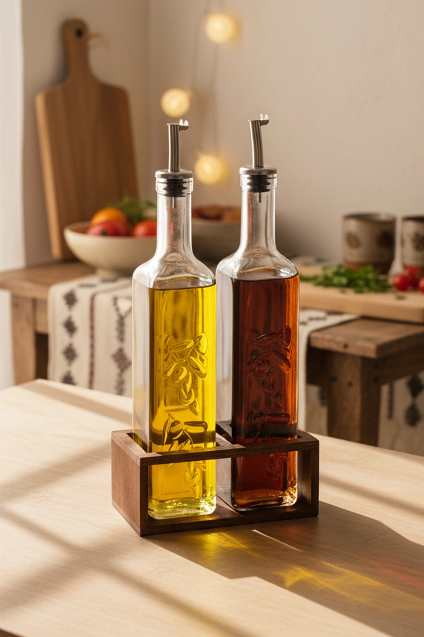 Snippy Olea - 2'li Ahşap Yüksek Standlı Cam Zeytinyağı Şişesi Yağlık Damlatmaz Yağlık Sirkelik 500ml Ahşap