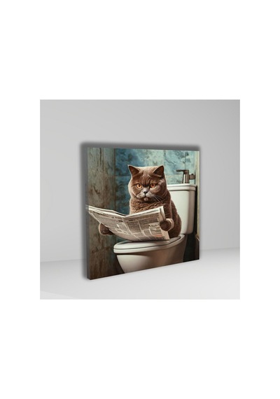 Tekli Kare Kanvas Banyo Tablosu Gazete Okuyan Gri British Kedi Kanvas Çok Renkli Çerçevesiz