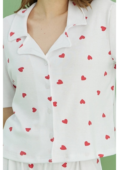 Siyah İnci Fitilli Kaşkorse Örme Düğmeli Gömlek Yaka Pijama Takım Beyaz Siyah İnci Fitilli Kaşkorse Örme Düğmeli Gömlek Yaka Pijama Takım Beyaz