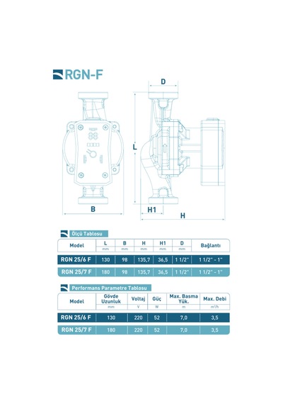 Regen Rgn 25/7 F 45 Watt Frekans Konvertörlü Sirkülasyon Pompası 1 1/2" - 1" 3 M3 Debi - 6 Mss Basınç