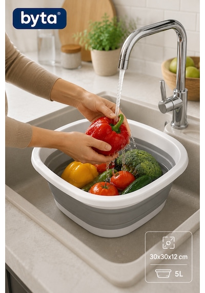 5 Litre Katlanabilir Kare Badya Katlanır Leğen Sebze Meyve Yıkama Kabı Mutfak Kamp Ve Temizlik İçin Çok Amaçlı Gri