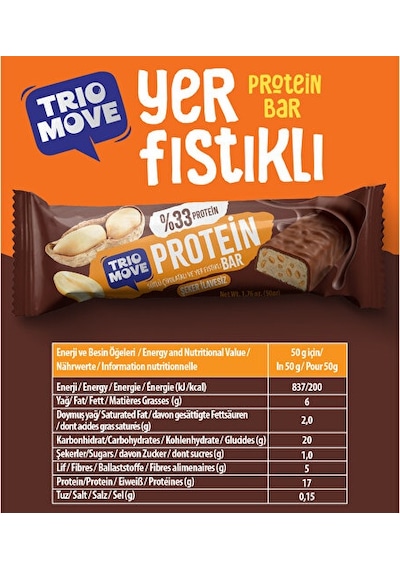 Trio Move Yer Fıstıklı Ve Sütlü Çikolatalı, %33 Protein, Protein Bar 9 x 50 G