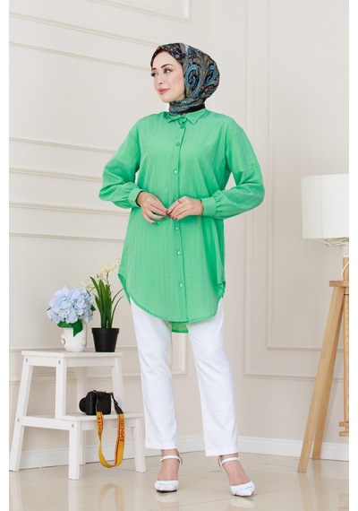 Sevitli Göğüsü Taş Detaylı Oversize Tunik-su Yeşili-5231 Su Yeşili