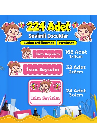 Sevimli Çocuklar Temalı Okul Kreş Kişiye Özel İsim Etiket Seti - Model 620 Çok Renkli