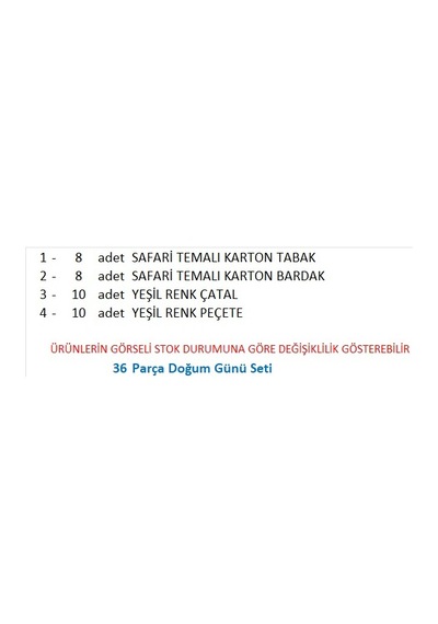 Safari 8 Adet Tabak, 8 Adet Bardak, 10 Adet Peçete, 10 Adet Çatal
