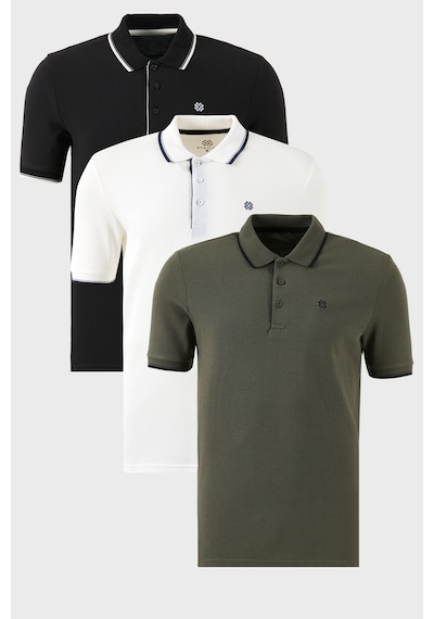 Buratti Pamuklu Slim Fit Şerit Detaylı Düğmeli Polo Yaka 3'Lü Paket Erkek T Shirt 5902118S3 Beyaz-Haki-Siyahbeyaz