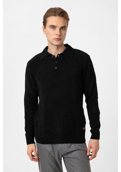 Back&bond Siyah Regular Fit Çizgili Polo Yaka Triko Kazak