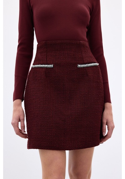 Sateen Aksesuar Detaylı Tüvit Etek - Bordo-136344 Bordo