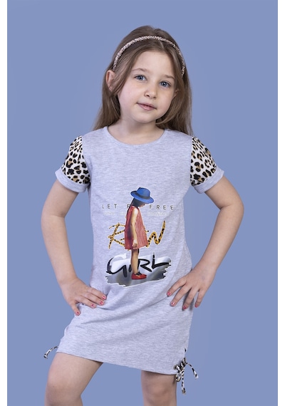 Toontoy Kız Çocuk Leopar Detaylı Baskılı Elbise Gri Melanj