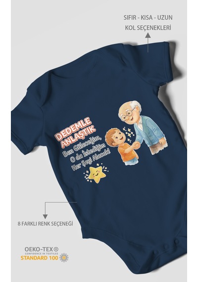 Morivokids Dedeye Özel Kısa Kollu Bebek Body %100 Pamuk Lacivert