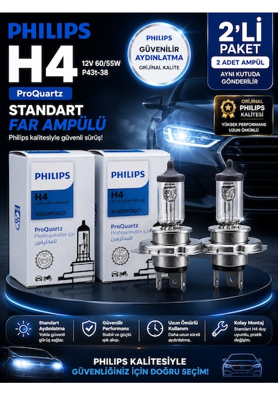 H4 Proquartz 12v 60/55w Standart Far Ampulü  Kalite Güçlü Ve Stabil Aydınlatma 2 Adet