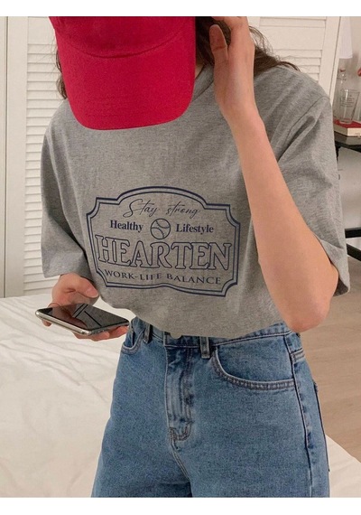 Hearten Süprem T-shirt - Gri Baskılı Oversize Bisiklet Yaka Kısa Kol Tişört Gri
