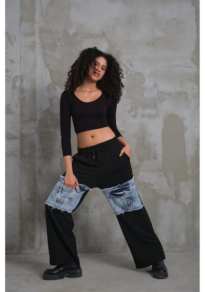 023 Kadın Cepli Bol Paça Penye Kot Denim Pantolon Siyah