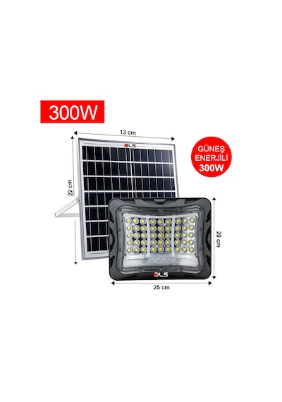 Dls 300w Güneş Enerjili Solar Led Projektör Harici Solar Panelli, 5 Metre Kablolu 502-300