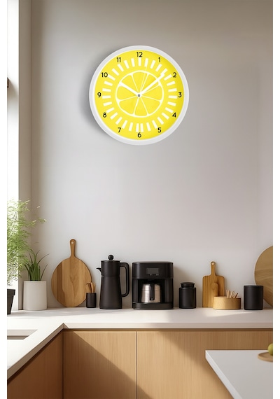 Soyut Limon Modern Tasarım Mutfak Duvar Saati - 42cm - Önü Camlı Beyaz Kasa - Sessiz Mekanizma Beyaz