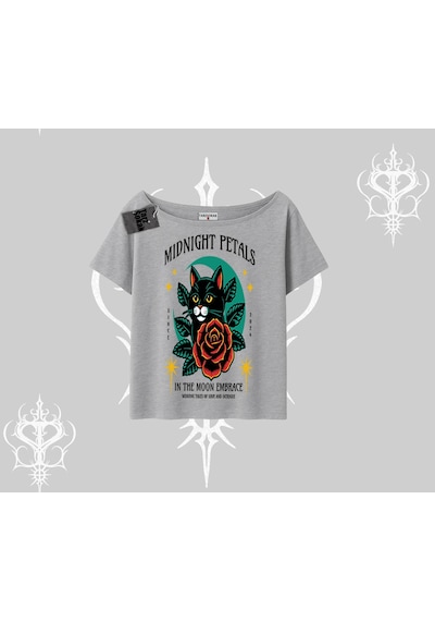 Tarzsokak Midnight Petals Kedi Baskılı Kayık Yaka Tshirt Gri