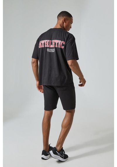 T-shirt - Athletic Baskılı Oversize Bisiklet Yaka Kısa Kol Siyah Tişört Siyah