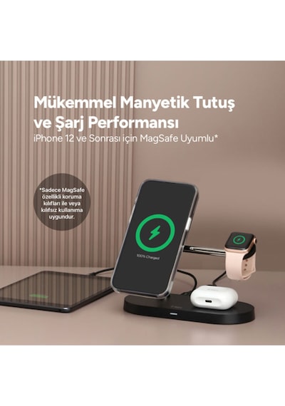 Ttec Aircharger Quattro M Magsafe Uyumlu iPhone - Apple Watch - Airpods LED Kablosuz Hızlı Şarj Standı Siyah
