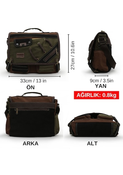 Cappadocia Vintage 4017 Haki Kahve 14" Laptop Pamuk Gabardin Postacı Okul Çantası Unisex Kilitli Çok Cepli Omuz Askılı Haki - Kahverengi