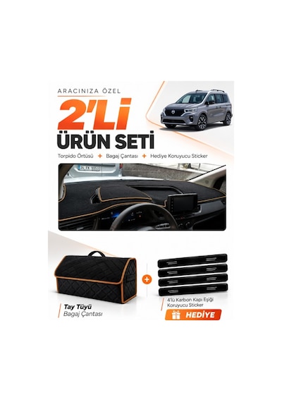 Nissan Townstar 2025-sonrası Uyumlu Torpido Örtüsü + Tay Tüyü Çanta + Sticker - Siyah Kahverengi