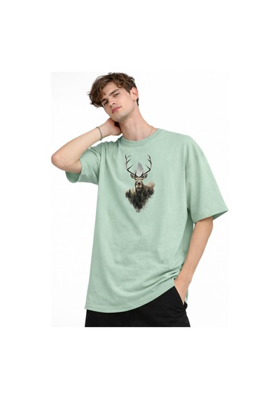 Misa Tahtakale Deer - Oversize Erkek Tişört Su Yesılı Çok Renkli