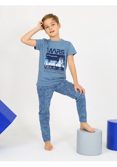 Vitmo Erkek Çocuk Kısa Kollu Pamuklu Mars Space Pijama Takımı İndigo