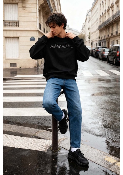 Tommy Life Siyah Yazı Nakışlı O Yaka Rahat Form İçi Polarlı Erkek Sweatshirt - 88020 Siyah
