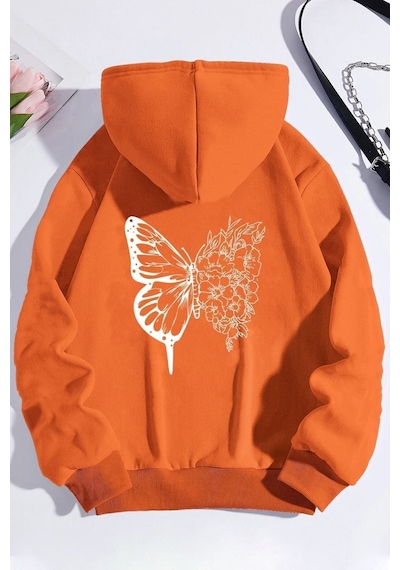Uyguntarz Unisex Drawing Butterflies Sırt Baskılı Sweatshirt Turuncu