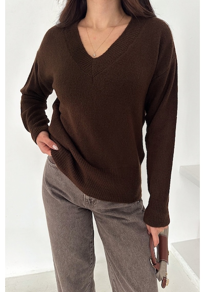 Noa & Noa Kadın V Yaka Triko Kazak Cozy Neutral kahverengi