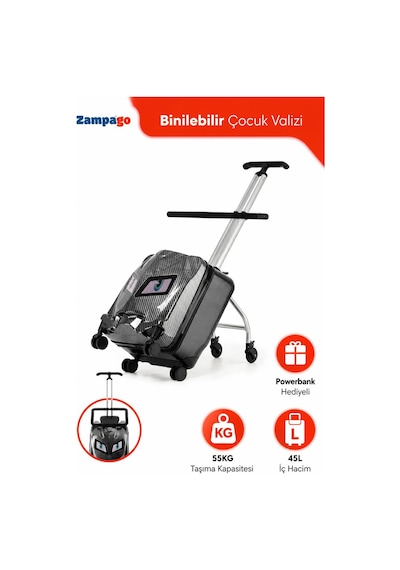 Zampago Led Işıklı Göz Desenli Çocuk Valizi Binilebilir, Düşme Engelleyici Ks-x3-g Siyah