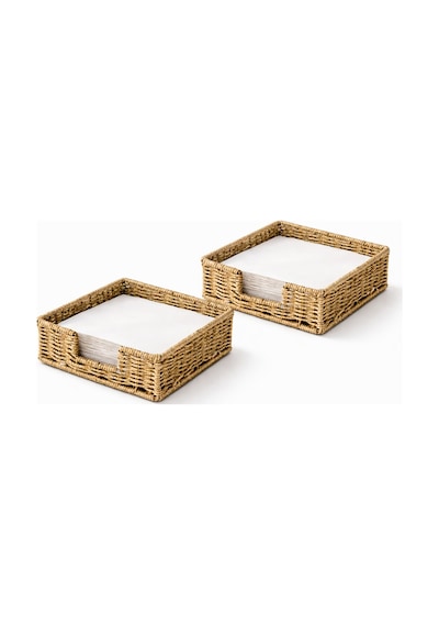 Rattan Hasır Peçetelik 2 Li Set 17.5x17.5x6.5 Cm Standart Peçete Uyumlu Dekoratif Sunumluk Açık Kahverengi
